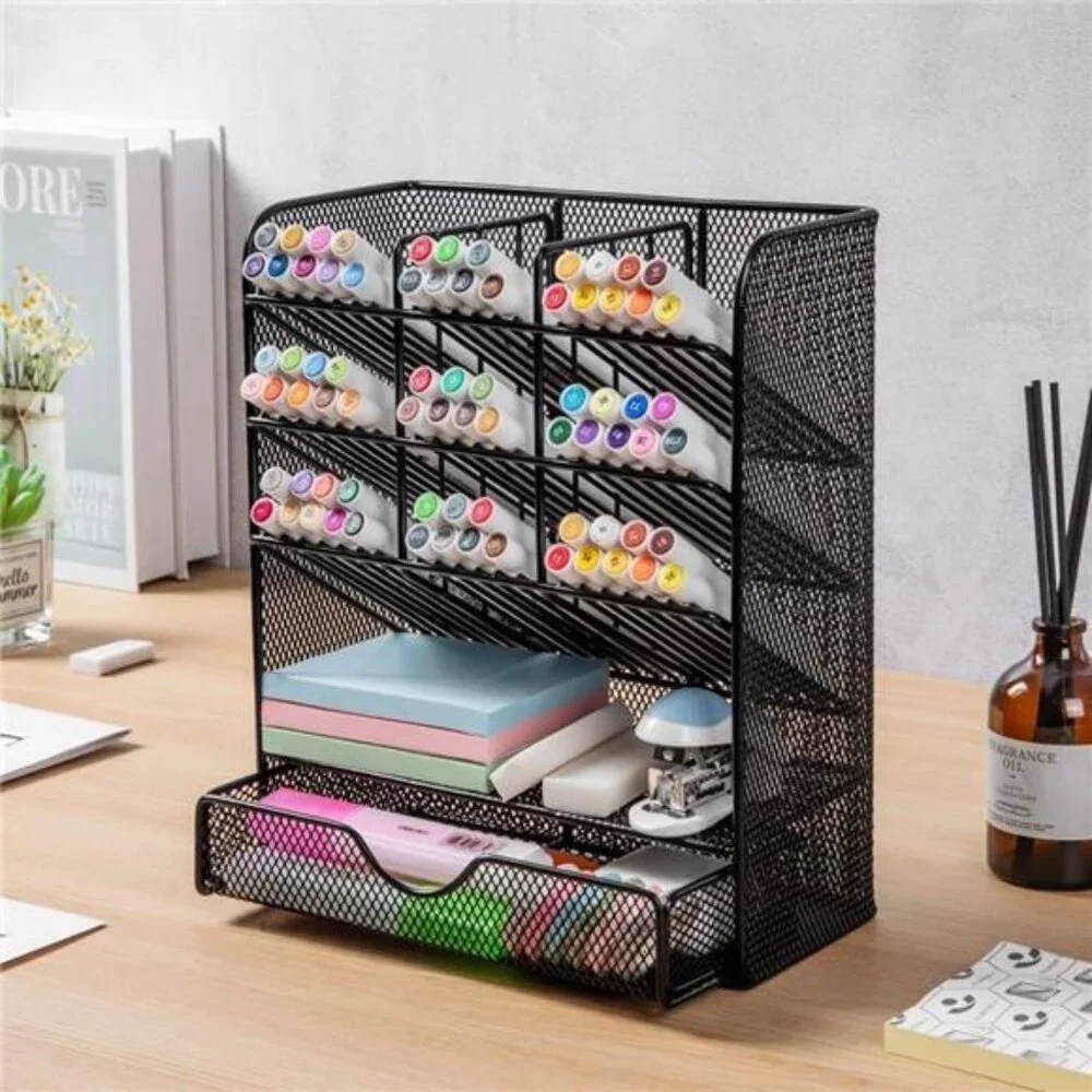 Metal Pen‎ Organizer with Drawer: Black Desk Organizer for School & Home